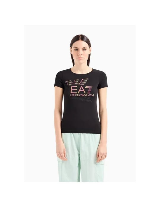 Ea7 Ea7 Kadın Dokuma Kumaş Düz Bisiklet Yaka Siyah T-Shirt 7W000182 AF10373-UC001