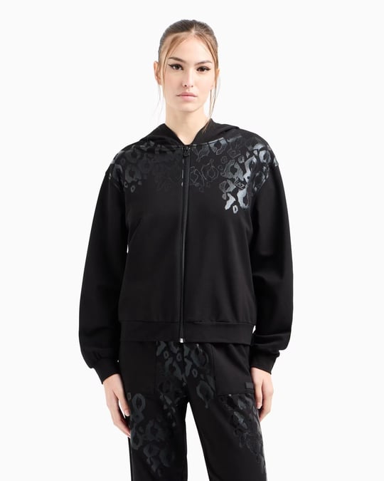 Ea7 Ea7 Kadın Normal Kesim Metalik Grafik Desen Baskılı Pamuklu Kapüşonlu Fermuarlı Uzun Kollu Siyah Sweatshirt 7W000479 AF13135-UC001