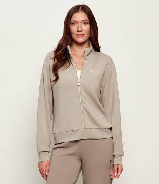 EA7 Ea7 Kadın Normal Kesim Sırtında Taş Desenli EA7 İşlemeli Dik Yaka Uzun Kollu Bej Sweatshirt 7W001487 AF24375-U6225