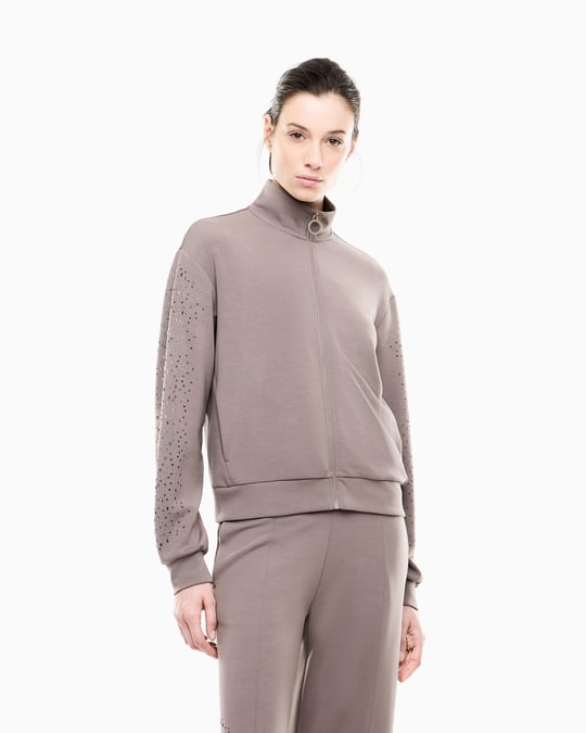 EA7 Ea7 Kadın Rahat Kalıp Düşük Omuzlu Kollarında Yapay Elmas Desenli Uzun Kollu Fermuarlı Bej Sweatshirt 7W001424 AF24375-U6100