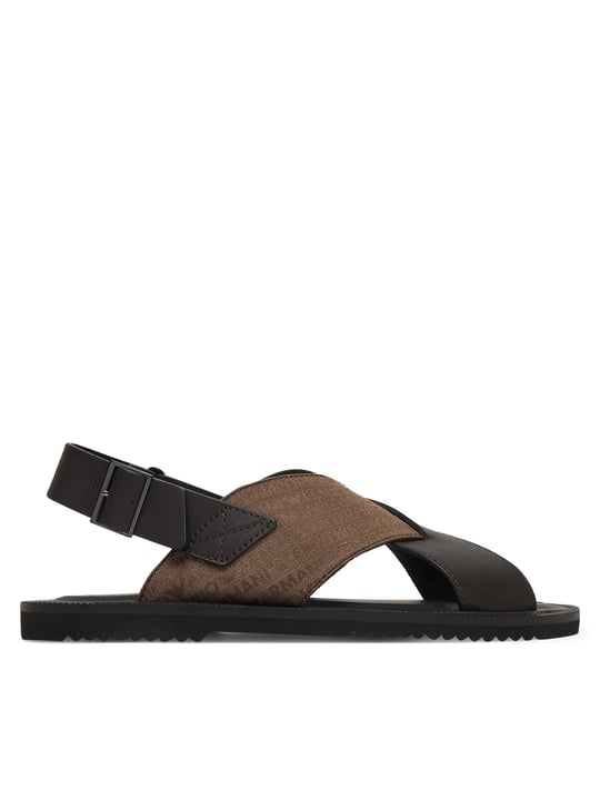 Emporio Armani Emporıo Armani Erkek %100 Deri ve Jakarlı Çapraz Bantlı Kahverengi Sandalet EM004323 AF25617-M6354