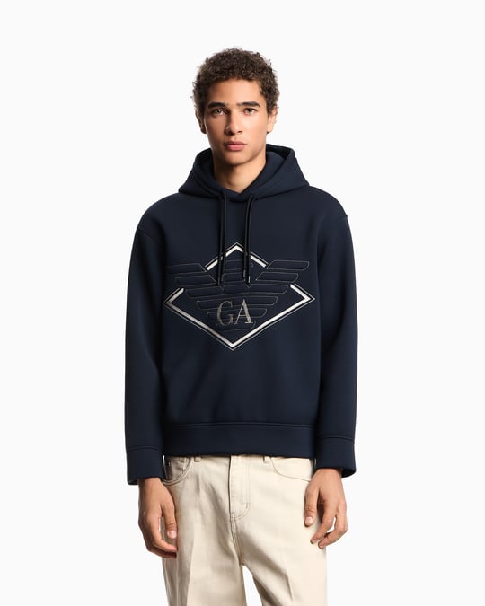 Emporio Armani Emporıo Armani Erkek Çift Bağcıklı Kapüşonlu Rahat %100 Pamuklu Jarse Kumaş Lacivert Sweatshirt EM002882 AF18339-MB367