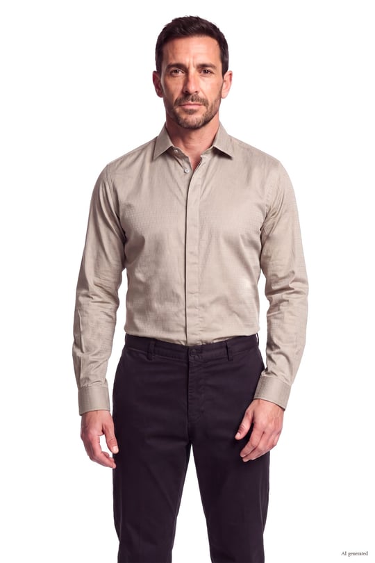 Emporio Armani Emporıo Armani Erkek Düğme Kapama Uzun Kol Çentikli Yaka Bej Gömlek EM006704 AF18123-F6107
