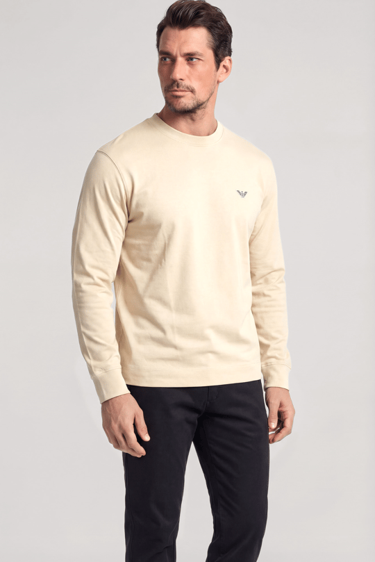 Emporio Armani Emporıo Armani Erkek Kartal Logo İşlemeli Yuvarlak Yakalı Uzun Kollu Vizon T-Shirt EM005362 AF13669-U1156