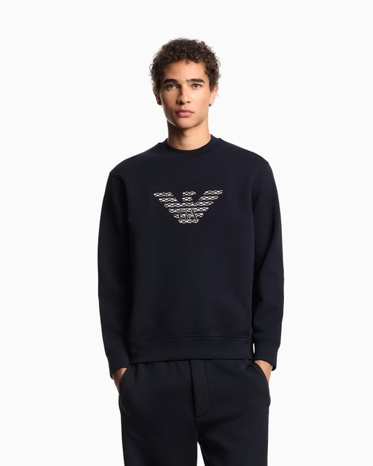 Emporio Armani Emporıo Armani Erkek Rahat Çift Jarse Yuvarlak Yaka Logo İşlemeli Lacivert Sweatshirt EM002906 AF10013-MB369