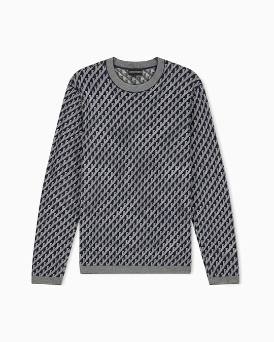 Emporio Armani Emporıo Armani Erkek Saf Yün Jakar Logo Desenli Bisiklet Yaka Ribana Detaylı Uzun Kollu Lacivert Kazak EM006360 AF27946-FB066