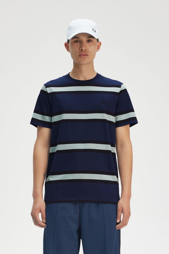 Fred Perry Fred Perry Erkek %100 Pamuklu Regular Fit Yuvarlak Yakalı Çizgili Kısa Kollu Lacivert T-Shirt M9852-X86