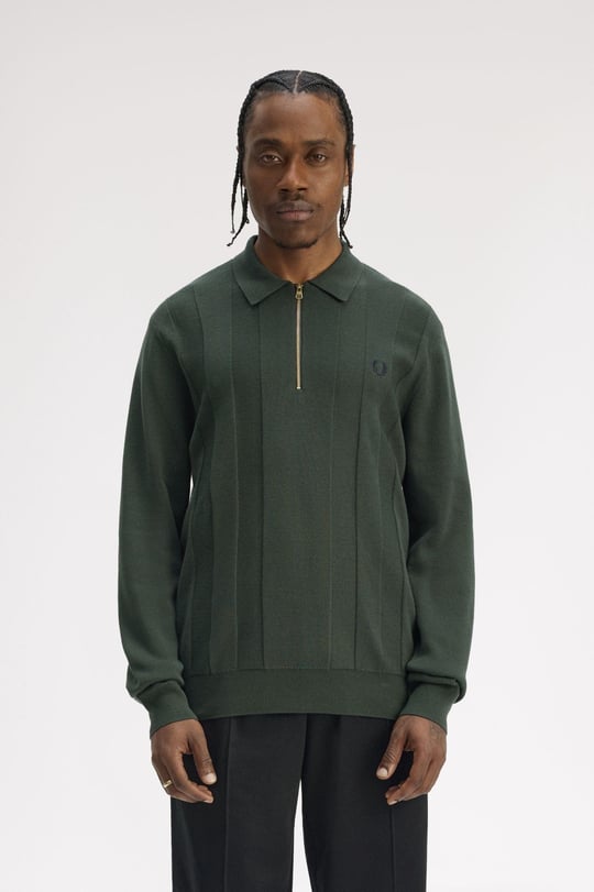 Fred Perry Fred Perry Erkek Fermuar Kapama Uzun Kol Regular Fit Yeşil Polo Yaka T-Shirt K1555-X89