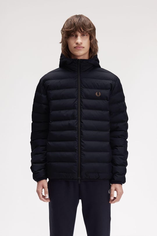 Fred Perry Fred Perry Erkek Kapşonlu Yaka Marka Detaylı Fermuarlı Şişme Siyah Ceket J8553-184