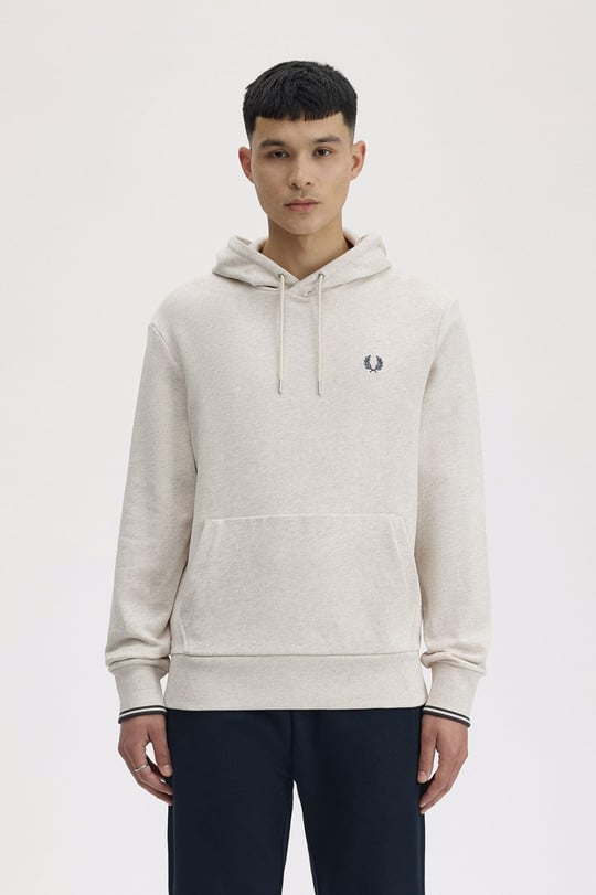 Fred Perry Fred Perry Erkek Normal Kalıp Logo İşlemeli Kapüşonlu %100 Pamuklu Uzun Kollu Ekru Sweatshirt M2643-W50