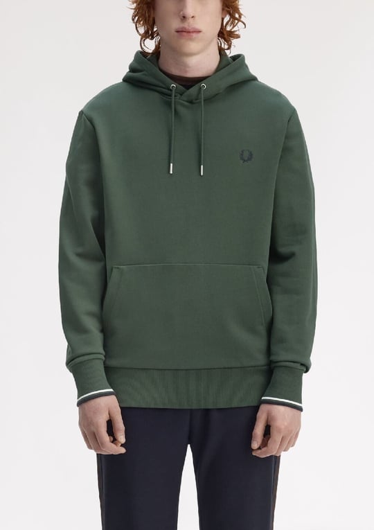 Fred Perry Fred Perry Erkek Normal Kalıp Logo İşlemeli Kapüşonlu %100 Pamuklu Uzun Kollu Yeşil Sweatshirt M2643-Z50