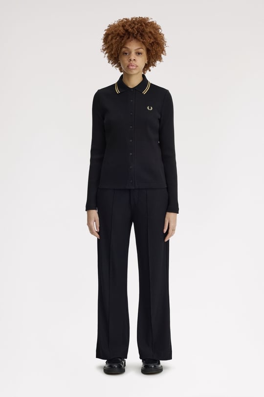 Fred Perry Fred Perry Kadın Normal Kesim Esnek Fitilli Triko Kumaş Pileli Geniş Paça Siyah Pantolon T2107-102