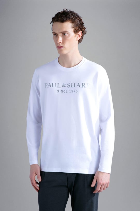 Paul Shark Paul Shark Erkek %100 Pamuklu Basic Uzun Kollu Sıfır Yaka Marka Logolu Beyaz T-Shirt 11311630-010