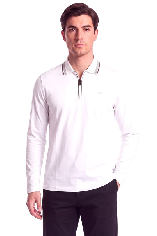 Paul Shark Paul Shark Erkek Normal Kalıp Pamuklu Metalik Logo Detaylı Uzun Kollu Beyaz Polo Yaka T-Shirt 16311701SM-965
