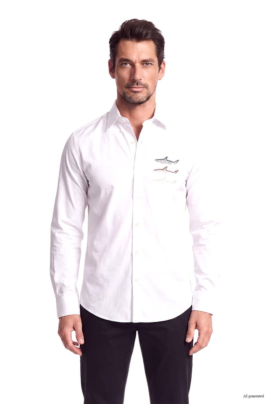 Paul Shark Paul Shark Erkek Pamuklu Logo Desenli Normal Kalıp Uzun Kollu Beyaz Gömlek 16313801-010
