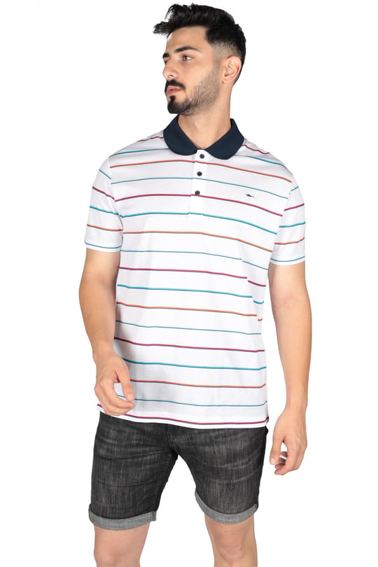 Paul Shark Paul Shark Erkek Pamuklu Regular Fit Çizgili Kısa Kollu Beyaz Polo Yaka T-Shirt 23411323-256