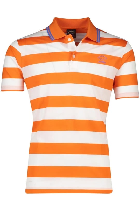Paul Shark Paul Shark Erkek Pamuklu Regular Fit Çizgili Kısa Kollu Beyaz-Turuncu Polo Yaka T-Shirt 23411231A-146