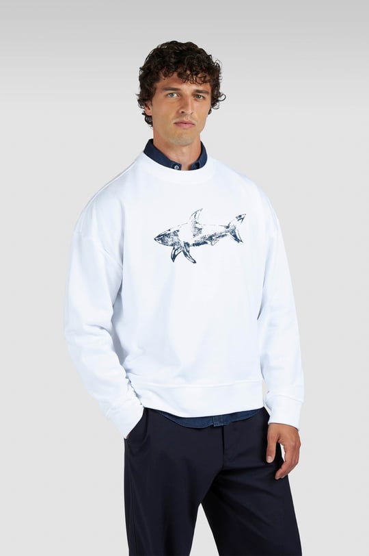 Paul Shark Paul Shark Erkek Rahat Kalıp Büyük Shark Logolu Pamuklu Uzun Kollu Beyaz Sweatshirt 15311848-965