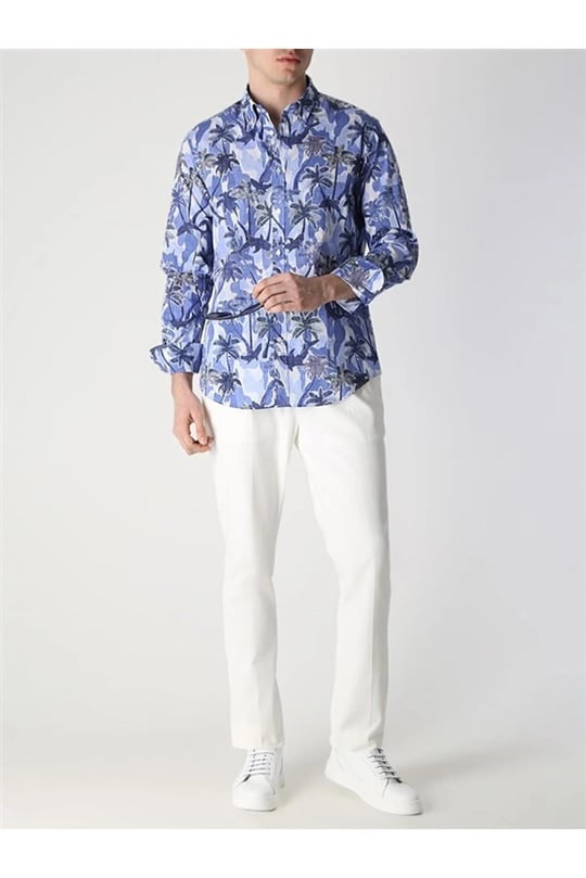 Paul Shark Paul Shark Erkek Regular Fit Desenli Uzun Kol Mavi Gömlek 23413274J-101