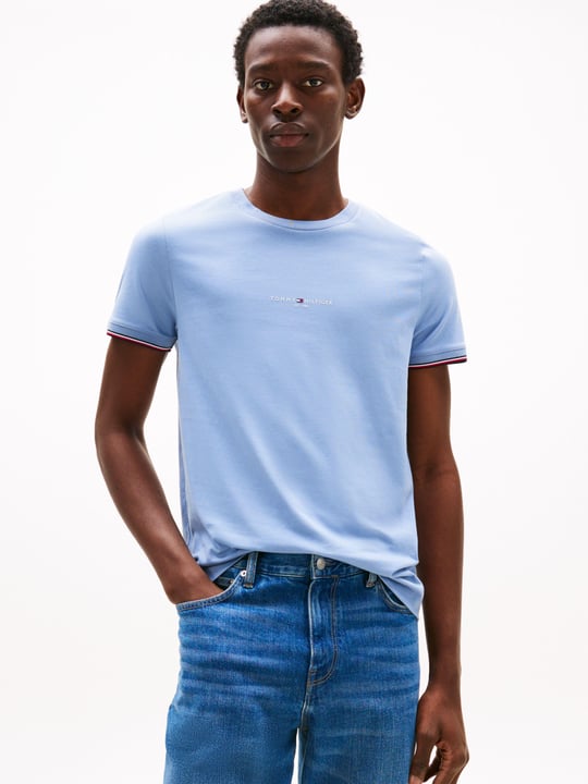 TOMMY HILFIGER Tommy Hilfiger Erkek Dokuma Kumaş Kısa Kol Düz Model Mavi1 T-Shirt MW0MW32584-C2B