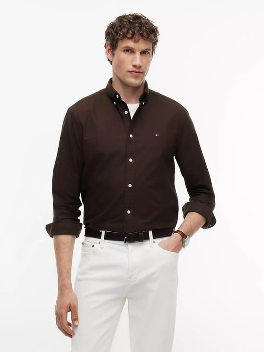 Tommy Hilfiger Tommy Hilfiger Erkek Dokuma Gömek Yaka Uzun Kol Günlük Kahverengi Gömlek MW0MW35774-GOP