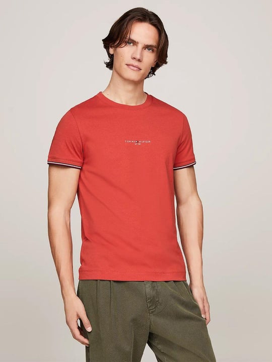 TOMMY HILFIGER Tommy Hilfiger Erkek Dokuma Kumaş Kısa Kol Düz Model Kırmızı T-Shirt MW0MW32584-XLD