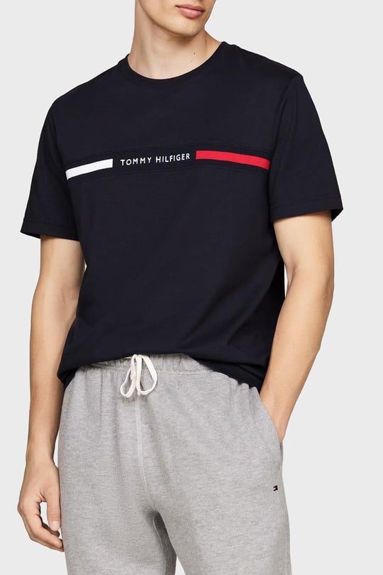 TOMMY HILFIGER Tommy Hilfiger Erkek Göğsü Şerit Detaylı Bisiklet Yaka Kısa Kollu Siyah T-Shirt MW0MW36498-BDS