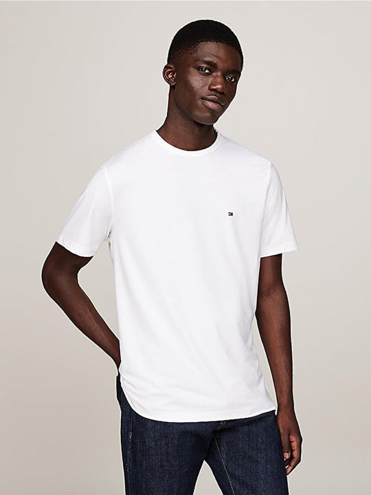 TOMMY HILFIGER Tommy Hilfiger Erkek Kısa Kol Bisiklet Yaka Tommy Hilfiger Yazı Desen Slim Fit Beyaz T-Shirt MW0MW37313-YBR
