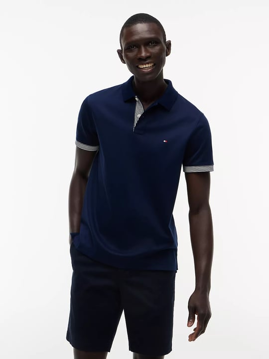 Tommy Hilfiger Tommy Hilfiger Erkek Normal Kalıp Kolunda ve Yakasında Çizgi Desenli Kısa Kollu Lacivert Polo Yaka T-Shirt MW0MW43296-DCC