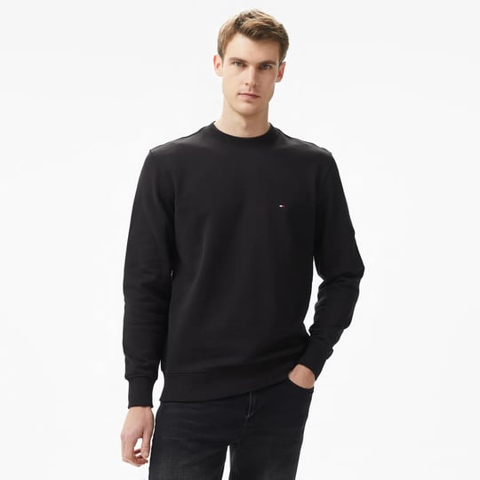 Tommy Hilfiger Tommy Hilfiger Erkek Pamuklu Normal Kalıp Yuvarlak Yakalı Uzun Kollu Siyah Sweatshirt MW0MW37237-BDS