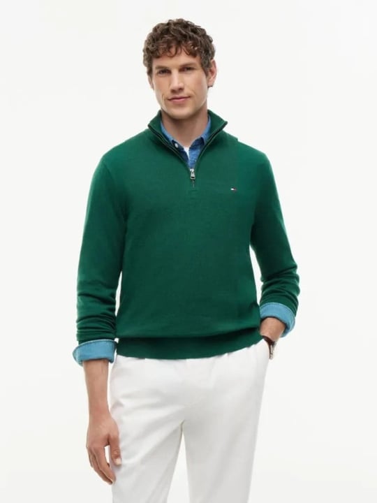 Tommy Hilfiger Tommy Hilfiger Erkek Regular Fit Dik Yaka Uzun Kollu Yeşil Kazak MW0MW28049-MQ7