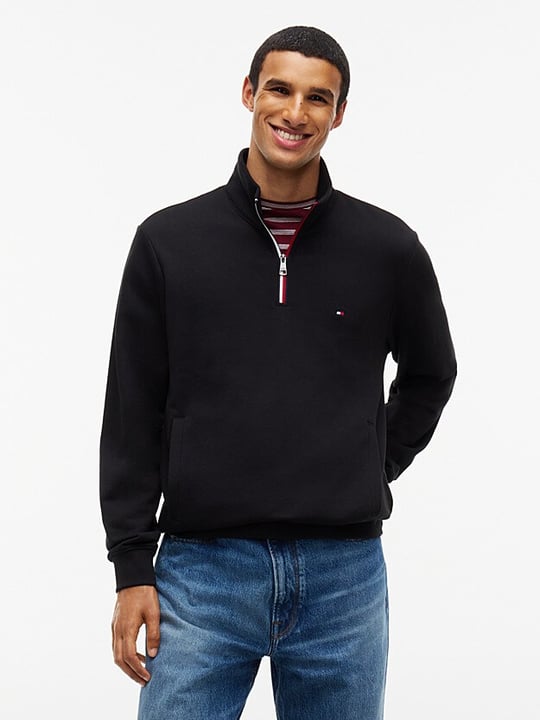 Tommy Hilfiger Tommy Hilfiger Erkek Regular Fit Pamuklu Havlu Kumaş Dik Yakalı Yarım Fermuarlı Uzun Kollu Siyah Sweatshirt MW0MW44943-BDS