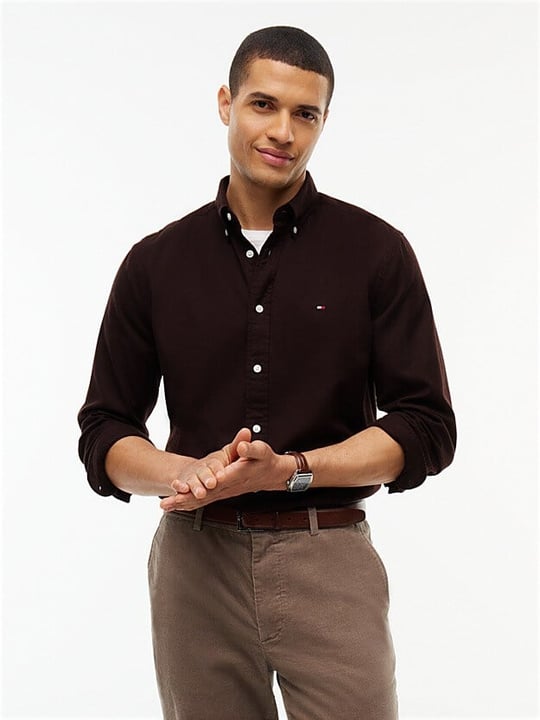 Tommy Hilfiger Tommy Hilfiger Erkek Regular Fit Esnek Pamuklu Göğüste TH Logo Bayrak İmzalı Uzun Kollu Kahverengi Gömlek MW0MW40469-HJT