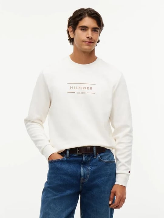 Tommy Hilfiger Tommy Hilfiger Erkek Regular Fit Organik Pamuklu Logo Baskılı Bisiklet Yaka Uzun Kollu Ekru Sweatshirt MW0MW44939-Z00