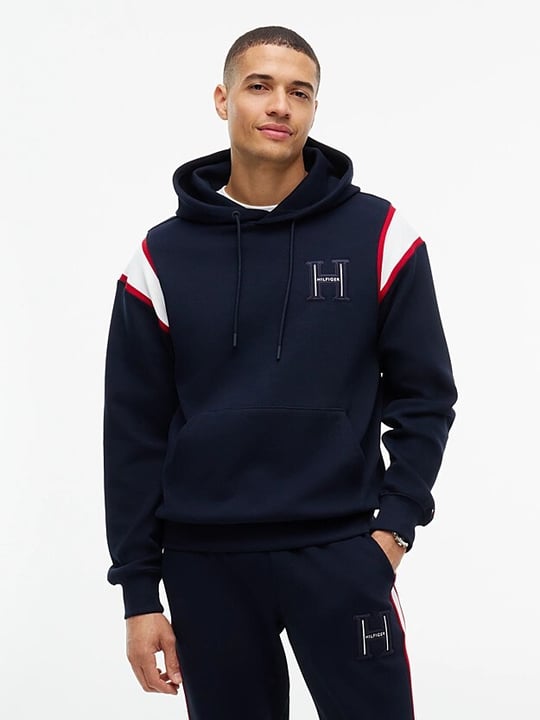 Tommy Hilfiger Tommy Hilfiger Erkek Regular Fit Kontrast Şerit Detaylı Logolu Pamuklu Kapüşonlu Uzun Kollu Lacivert Sweatshirt MW0MW44956-DW5
