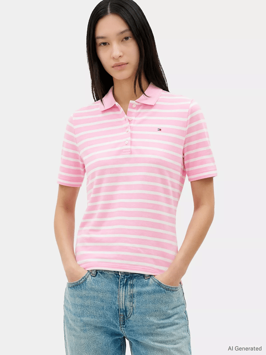 Tommy Hilfiger Tommy Hilfiger Kadın Çizgili Polo Yaka Düğme Kapama Regular Kesim Pembe Polo Yaka T-Shirt WW0WW43224-0EB