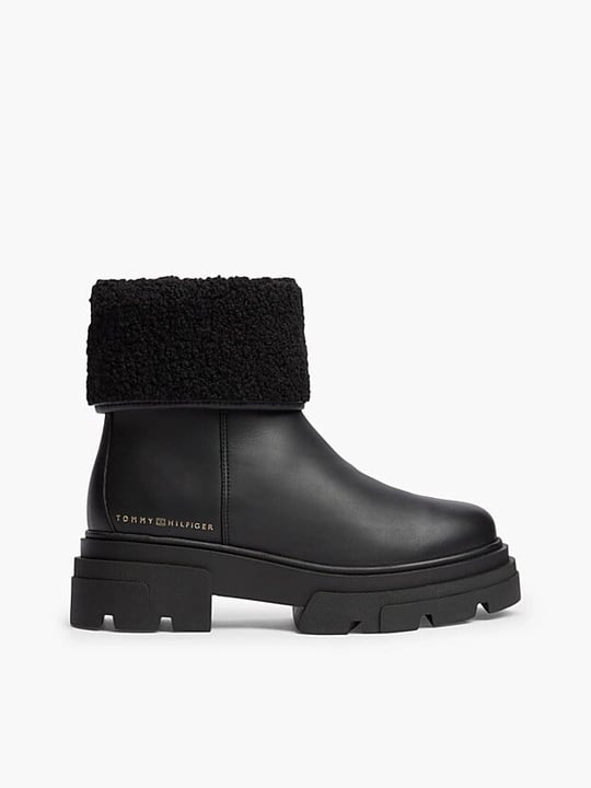 Tommy Hilfiger Tommy Hilfiger Kadın Hakiki Deri Kürk Katlamalı Yaka Fermuarlı Kalın Tırtıklı Tabanlı Metalik Logolu Siyah Bot & Bootie FW0FW09677-BDS