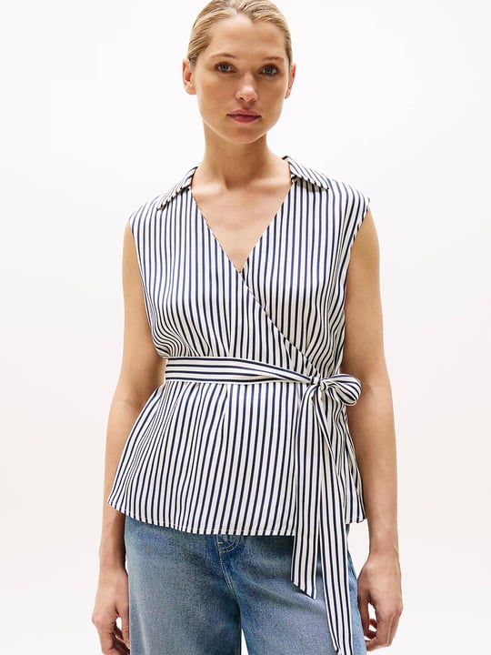 TOMMY HILFIGER Tommy Hilfiger Kadın Kolsuz V Yaka Göğüs Altından Bağlamalı Beyaz Gömlek WW0WW45884-0FD