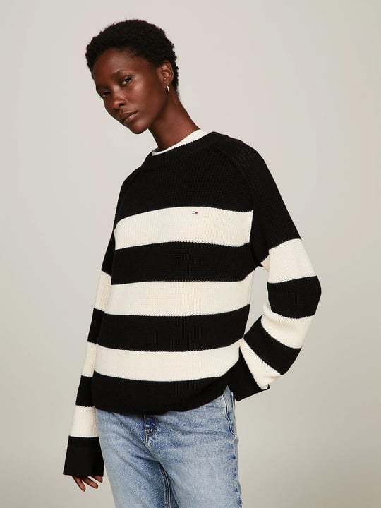 Tommy Hilfiger Tommy Hilfiger Kadın Logolu Yuvarlak Yakalı Uzun Kollu Günlük Kullanım Siyah-Beyaz Kazak WW0WW40751-0AS