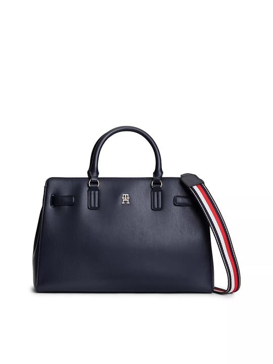 Tommy Hilfiger Tommy Hilfiger Kadın Metalik Kabartmalı TH Logolu Şerit Desenli Uzun Askılı Lacivert Kartlık AW0AW19318-DW6