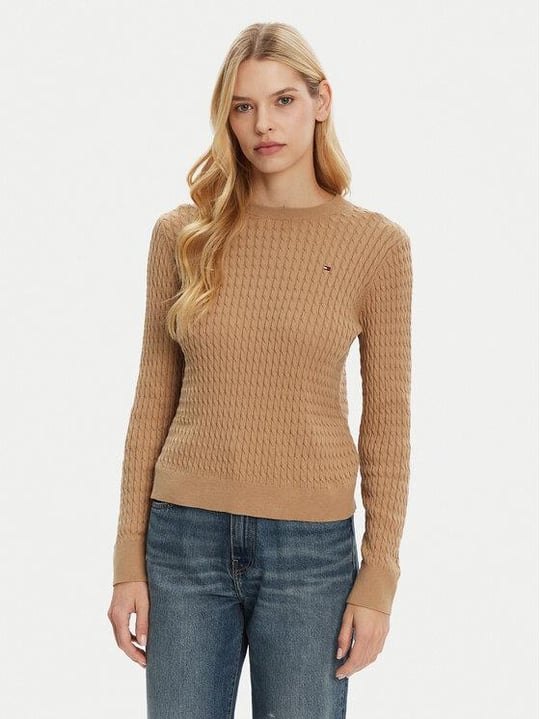 Tommy Hilfiger Tommy Hilfiger Kadın Normal Kalıp Ribana Yakalı Uzun Kollu %100 Pamuklu Örme Bej Kazak WW0WW44993-RBC