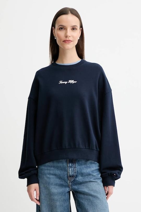 Tommy Hilfiger Tommy Hilfiger Kadın Pamuklu Rahat Kalıp Yuvarlak Yakalı Düşük Omuzlu Lacivert Sweatshirt WW0WW48269-C1G