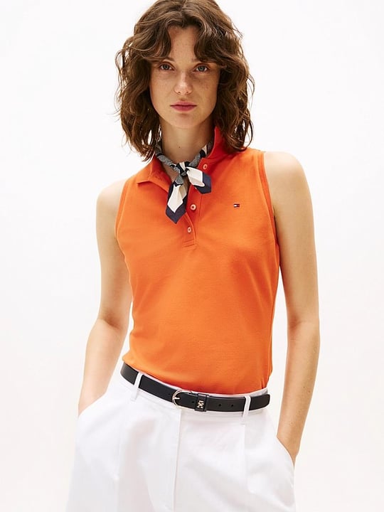 TOMMY HILFIGER Tommy Hilfiger Kadın Polo Yaka Düğme Kapama Sıfır Kol Turuncu Polo Yaka T-Shirt WW0WW46790-SCX