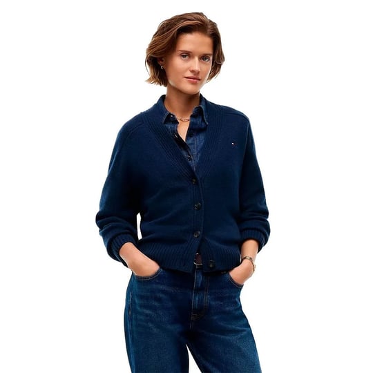 Tommy Hilfiger Tommy Hilfiger Kadın Regular Fit Geri Dönüştürülmüş Yün V Yaka Düğmeli Uzun Kollu Lacivert Kazak WW0WW52367-C1G