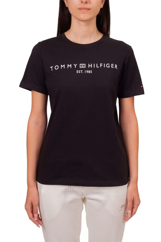 TOMMY HILFIGER Tommy Hilfiger Kadın Saf Pamuklu Yuvarlak Yaka Göğüste Logolu Kısa Kollu Siyah Bluz WW0WW40276-BDS