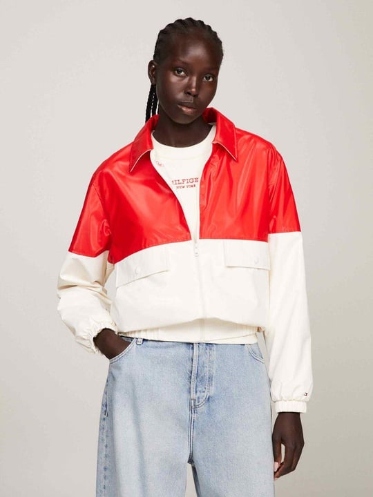 Tommy Hilfiger Tommy Hilfiger Kadın Uzun Kollu Fermuarlı Marka Logolu Beyaz-Kırmızı Ceket WW0WW40472-0K9