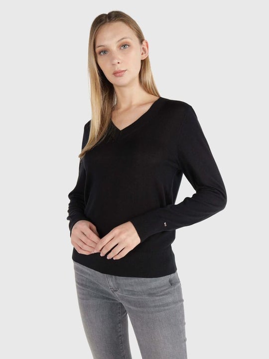 Tommy Hilfiger Tommy Hilfiger Kadın V yaka Uzun Kollu Siyah Kazak WW0WW40665-BDS