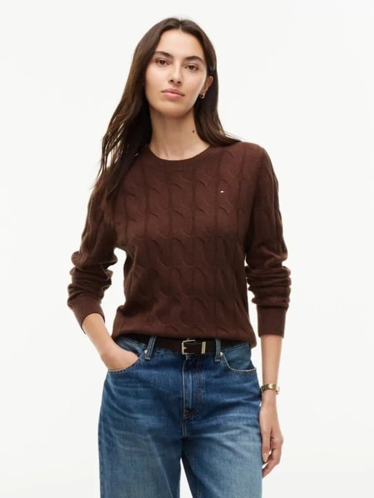 Tommy Hilfiger Tommy Hilfiger Kadın Yuvarlak Yaka Yünlü Örme Uzun Kollu Kahverengi Kazak WW0WW43586-GV0