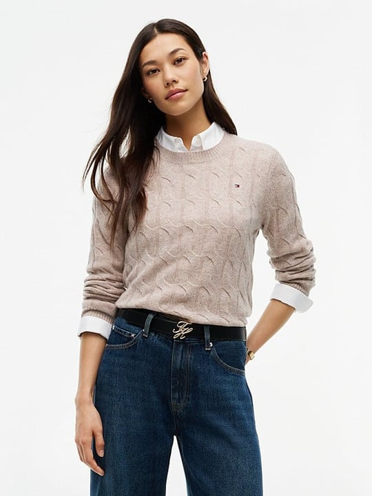 Tommy Hilfiger Tommy Hilfiger Kadın Yuvarlak Yaka Yünlü Örme Uzun Kollu Bej Kazak WW0WW43586-HH0