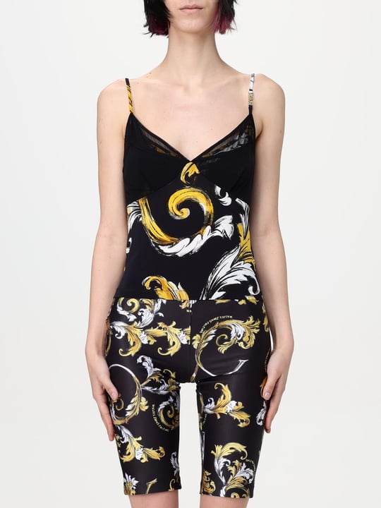 Versace Versace Kadın İnce Askı Derin Dekolte Renkli Şekil Desenli Siyah Bluz 78HAM212JS471-G89